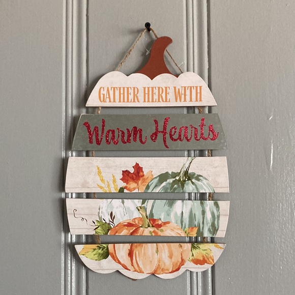NWT Beautiful Slatted Wood Gather Here With Warm Hearts Glitter Pumpkin Sign - Picture 8 of 9